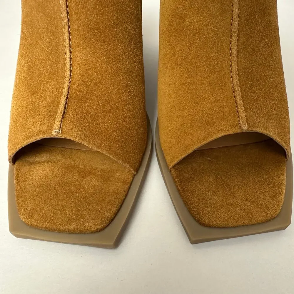 Matisse Lillie Tobacco Suede Sculpted Wedge Mules Boho Square Toe Brown Tan Sz 7